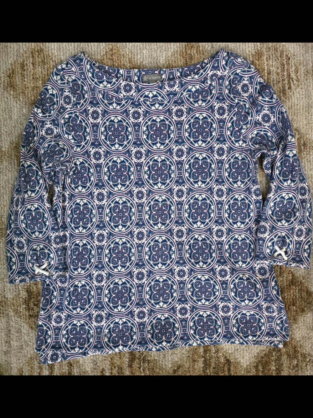 Talbots Navy Pink and White Geometric Boatneck Long Sleeve Top Size MP